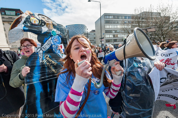 London, UK. 6th April, 2016. Danielle Tiplady, President of King’s College London Nursing and Midwifery Society leads the 'Bursary or Bust'march across Westminster Bridge to the Department of Health in Whitehall. NHS students need bursaries as their long hours of study and placements prevent them taking part-time jobs; they deserve them because their placements involve real work in hospitals and are a vital source of labour for the NHS. Peter Marshall/Alamy Live News